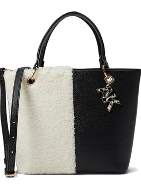 Anne Klein Mini Convertible Sherpa Tote – Black and White Two-Tone Design Handba